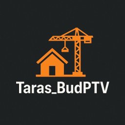 PTV TARAS PYROZHUK - Pomarańczowe logo firmy budowlanej Taras_BudPTV na ciemnym tle, przedstawiające dom i dźwig budowlany w formie graficznej.