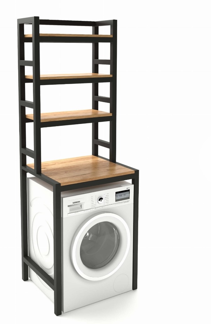 Metalowy regał z drewnianymi półkami nad pralką Siemens, czarna konstrukcja, jasne drewno, nowoczesny design, minimalistyczny styl.