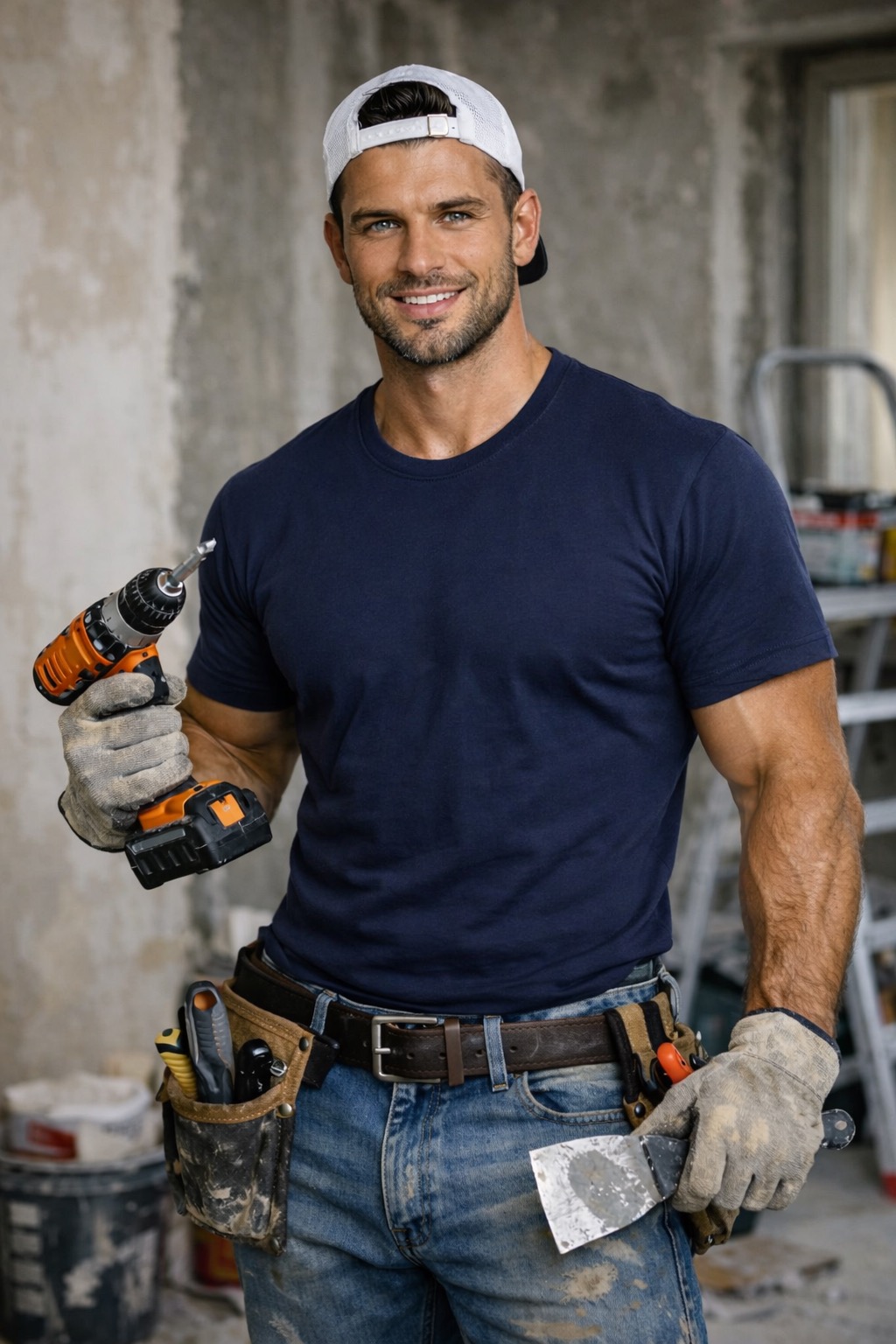 Uśmiechnięty mężczyzna w roboczym stroju, z wiertarką i szpachelką, na tle surowej ściany i drabiny. Widoczny pas z narzędziami.