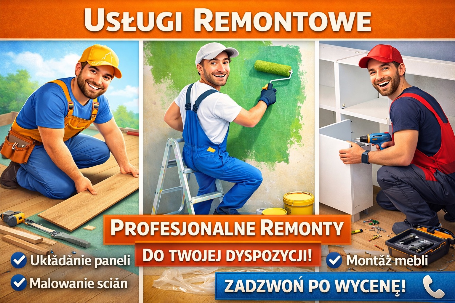 Usługi remontowe: montaż mebli, malowanie ścian, układanie paneli. Trzech uśmiechniętych fachowców podczas pracy. Profesjonalne remonty do Twojej dyspozycji!