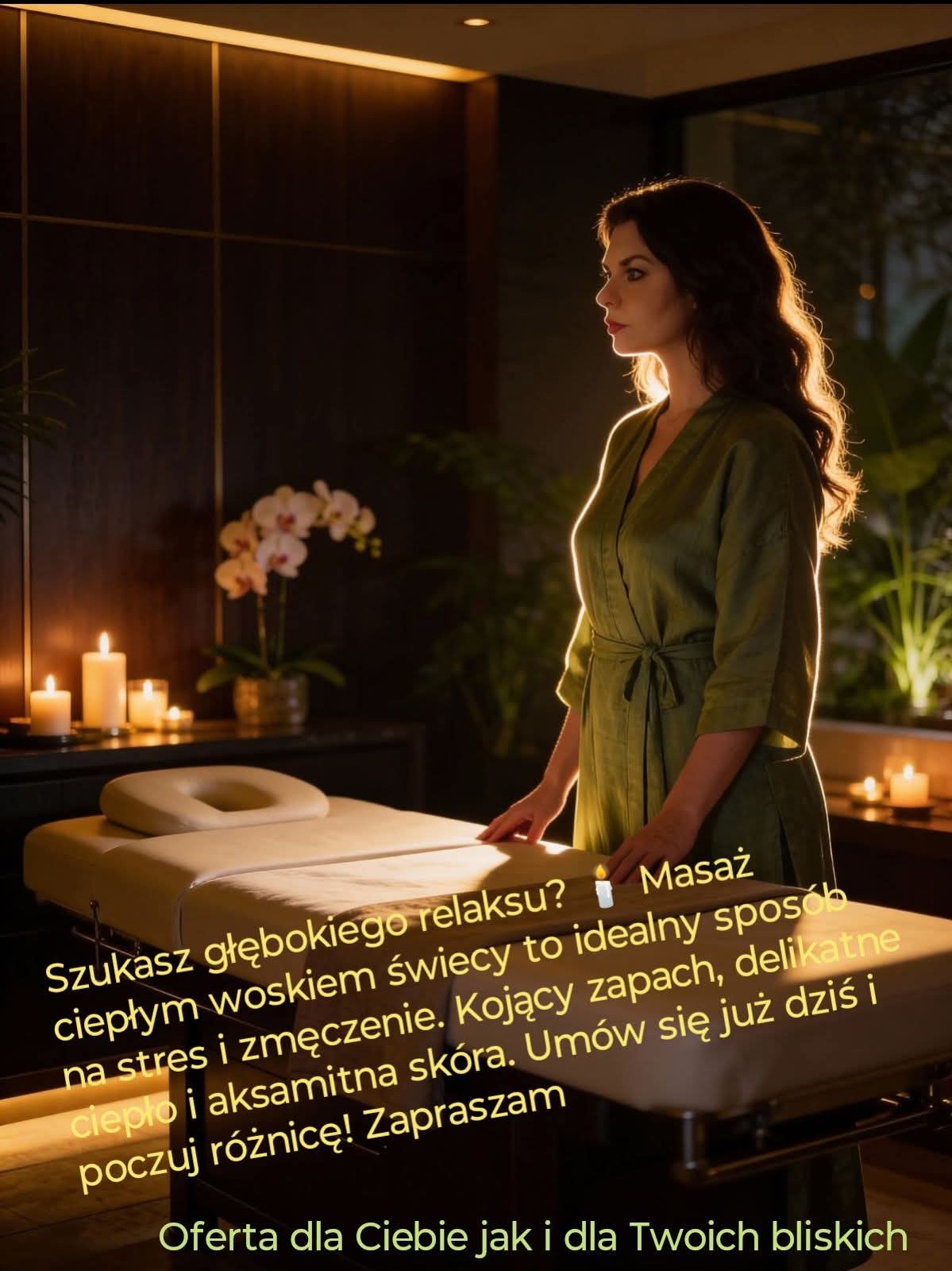 Kobieta w szlafroku obok stołu do zabiegów w spa, świece i orchidee w tle. Stonowane oświetlenie, relaksująca atmosfera.