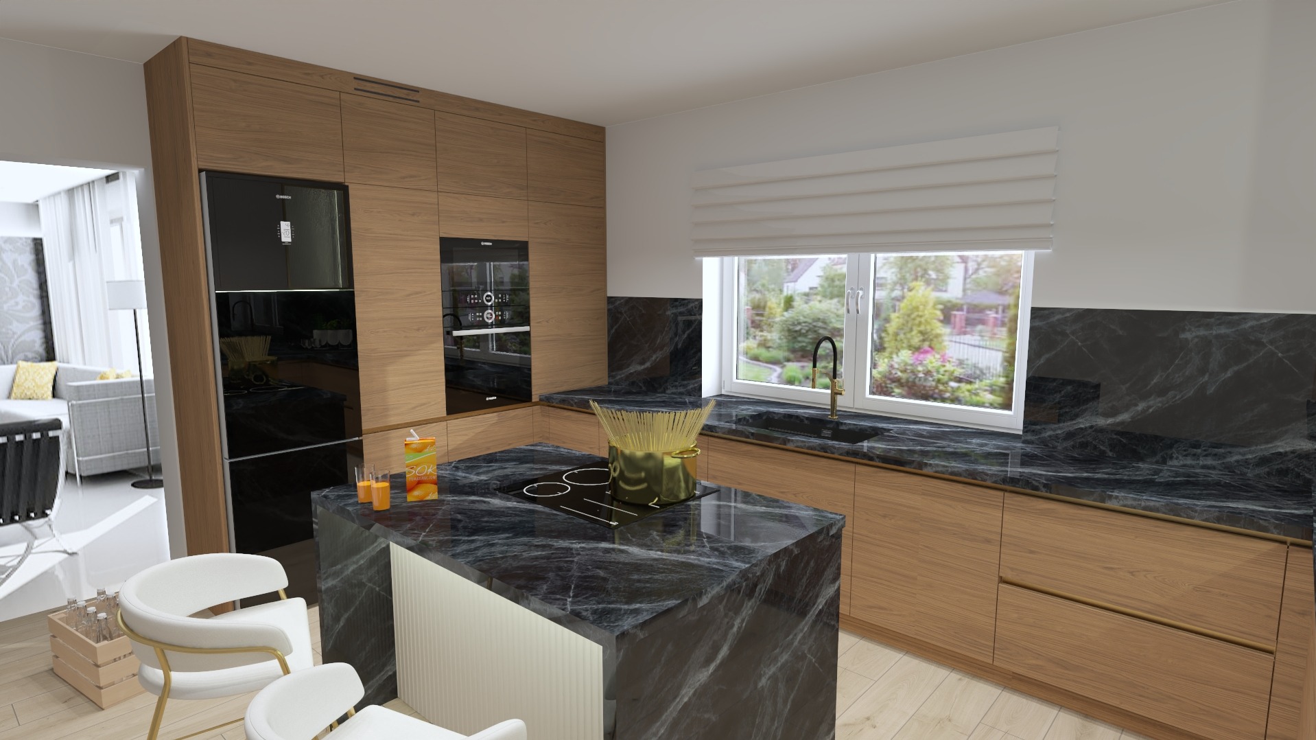 Nowoczesna kuchnia z drewnianymi frontami i blatem z czarnego marmuru. Na wyspie kuchennej złoty garnek ze sztucznymi kwiatami. Widok na ogród przez okno.