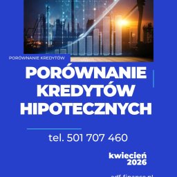 ADF-Finanse Tomasz Maślanka - Grafika: Porównanie kredytów hipotecznych z wykresem wzrostu na tle miejskiego krajobrazu. Kontakt: tel. 501 707 460, adf-finanse.pl, Myślenice, kwiecień 2026.