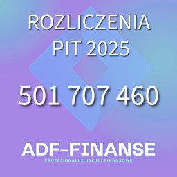 ADF-Finanse Tomasz Maślanka - Rozliczenia PIT 2025, numer telefonu 501 707 460, ADF-FINANSE profesjonalne usługi finansowe na tle w odcieniach fioletu i błękitu.