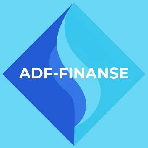 Logo firmy ADF-FINANSE w kształcie rombu z abstrakcyjnym motywem fali w odcieniach niebieskiego na jasnoniebieskim tle. Minimalistyczny design.