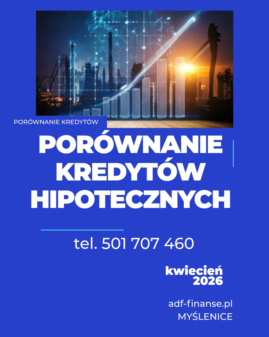 Grafika: Porównanie kredytów hipotecznych z wykresem wzrostu na tle miejskiego krajobrazu. Kontakt: tel. 501 707 460, adf-finanse.pl, Myślenice, kwiecień 2026.