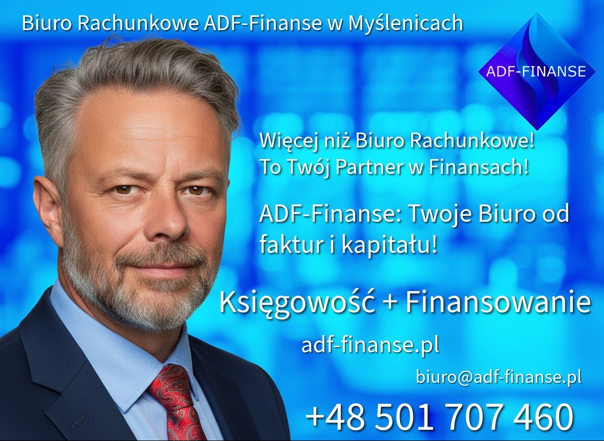 Profesjonalny portret księgowego ADF-Finanse w garniturze na tle błękitnego baneru z ofertą biura rachunkowego w Myślenicach, z numerem telefonu i adresem e-mail.