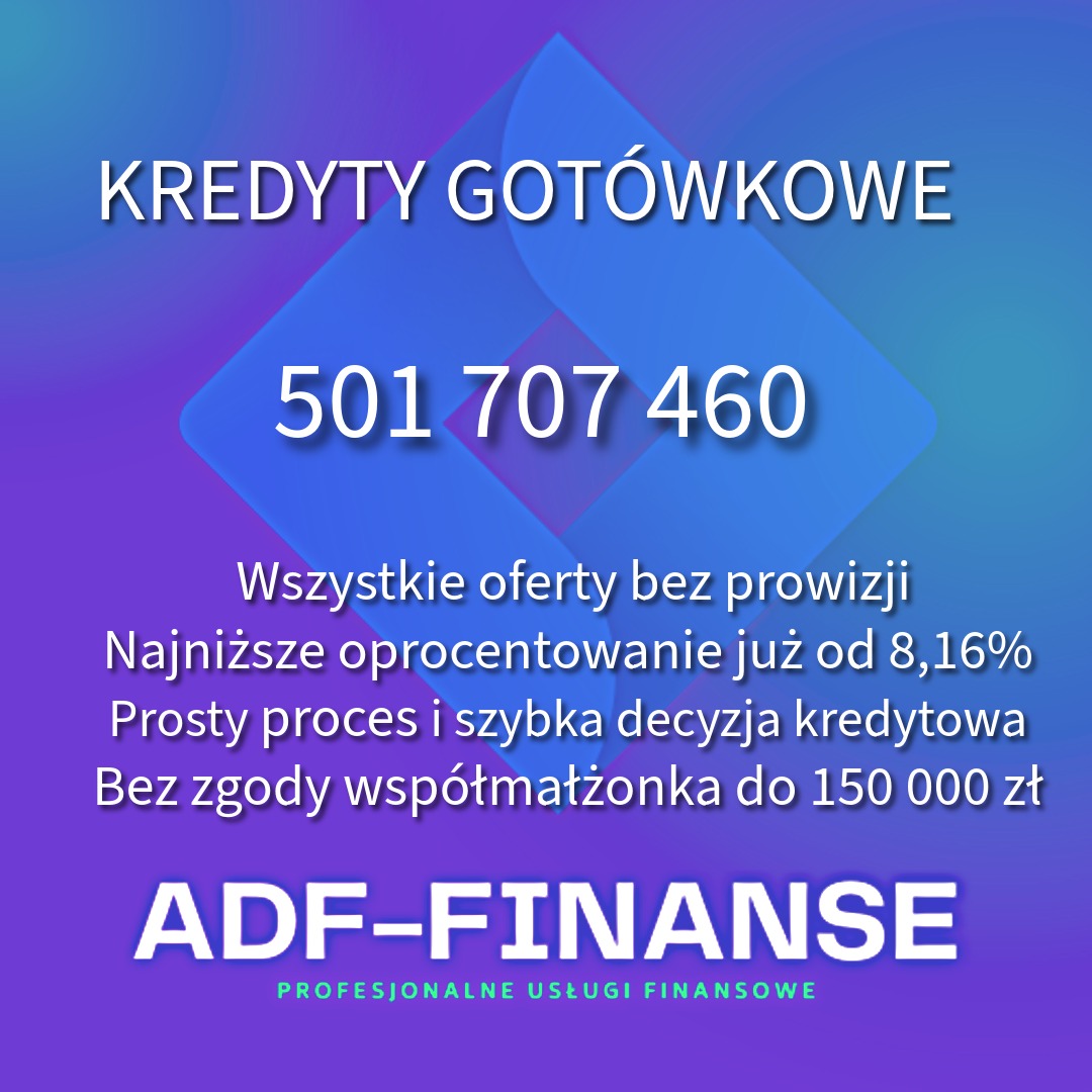 Grafika z ofertą kredytów gotówkowych: numer telefonu, brak prowizji, niskie oprocentowanie, szybka decyzja, kwota do 150 000 zł. ADF-FINANSE.