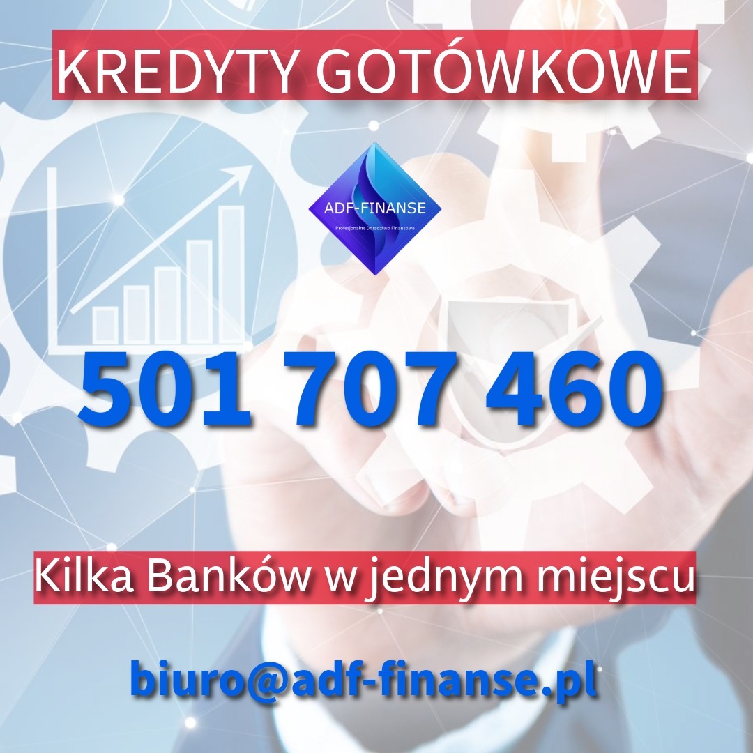 Oferta kredytów gotówkowych: numer telefonu, logo firmy ADF-Finanse, grafika z wykresem wzrostu i hasło 'Kilka banków w jednym miejscu'.