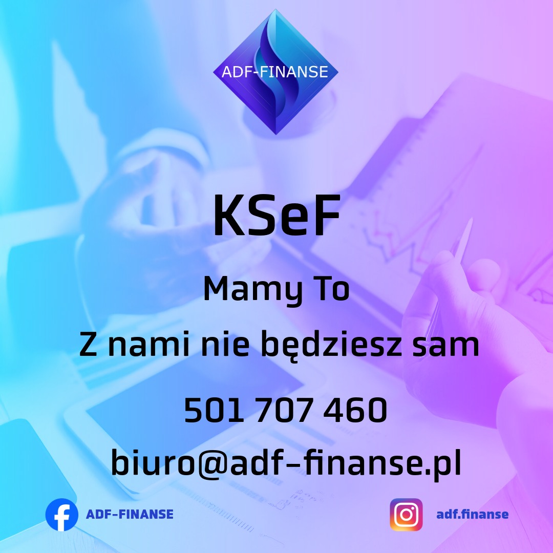 Grafika ADF-Finanse z hasłem 'Z nami nie będziesz sam', numerem telefonu i adresem e-mail na tle dłoni analizującej wykres. Logo firmy w górnej części.