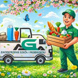 Romuald Maliszewski AGA - Ilustracja dostawy żywności do szkół i przedszkoli. Chłopiec w zielonym uniformie trzyma skrzynkę z warzywami obok furgonetki z logo firmy na tle kwitnącej łąki.