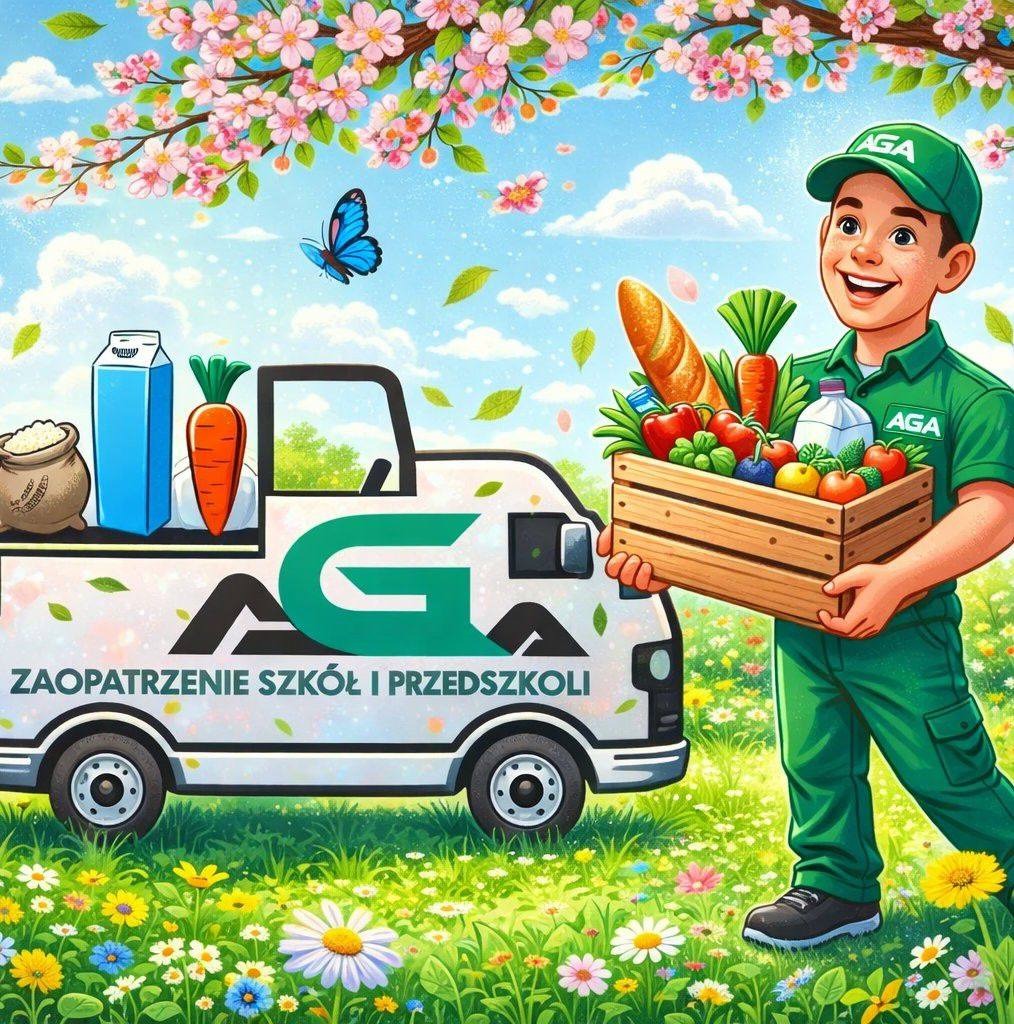 Ilustracja dostawy żywności do szkół i przedszkoli. Chłopiec w zielonym uniformie trzyma skrzynkę z warzywami obok furgonetki z logo firmy na tle kwitnącej łąki.