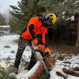 Jakub Graniczny Tree Service - Pracownik w pomarańczowej kurtce tnie piłą spalinową kłodę drewna na śniegu, w tle przyczepka i drzewa iglaste. Używa kasku ochronnego i słuchawek.