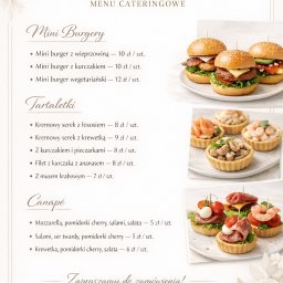 ELDER CARE SPÓŁKA Z OGRANICZONĄ ODPOWIEDZIALNOŚCIĄ - Menu cateringowe Fly Bar: mini burgery, tartaletki i canapé. Elegancki design, apetyczne przekąski. Zaproszenie do zamówienia.