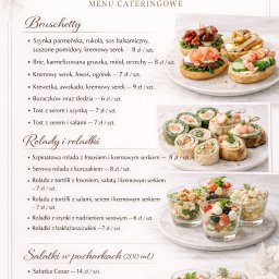 ELDER CARE SPÓŁKA Z OGRANICZONĄ ODPOWIEDZIALNOŚCIĄ - Menu cateringowe Fly Bar: bruschetty, roladki (szpinakowa z łososiem, serowa z kurczakiem, z tortilli), sałatki w pucharkach (cezar, grecka, krabowa, z kurczakiem).