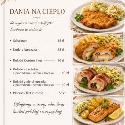 ELDER CARE SPÓŁKA Z OGRANICZONĄ ODPOWIEDZIALNOŚCIĄ - Menu cateringowe Fly Bar: dania na ciepło, schabowy, kotlet, roladki cordon bleu, roladki ze schabu, roladki z kurczaka, filet z łososia. Catering obiadowy.