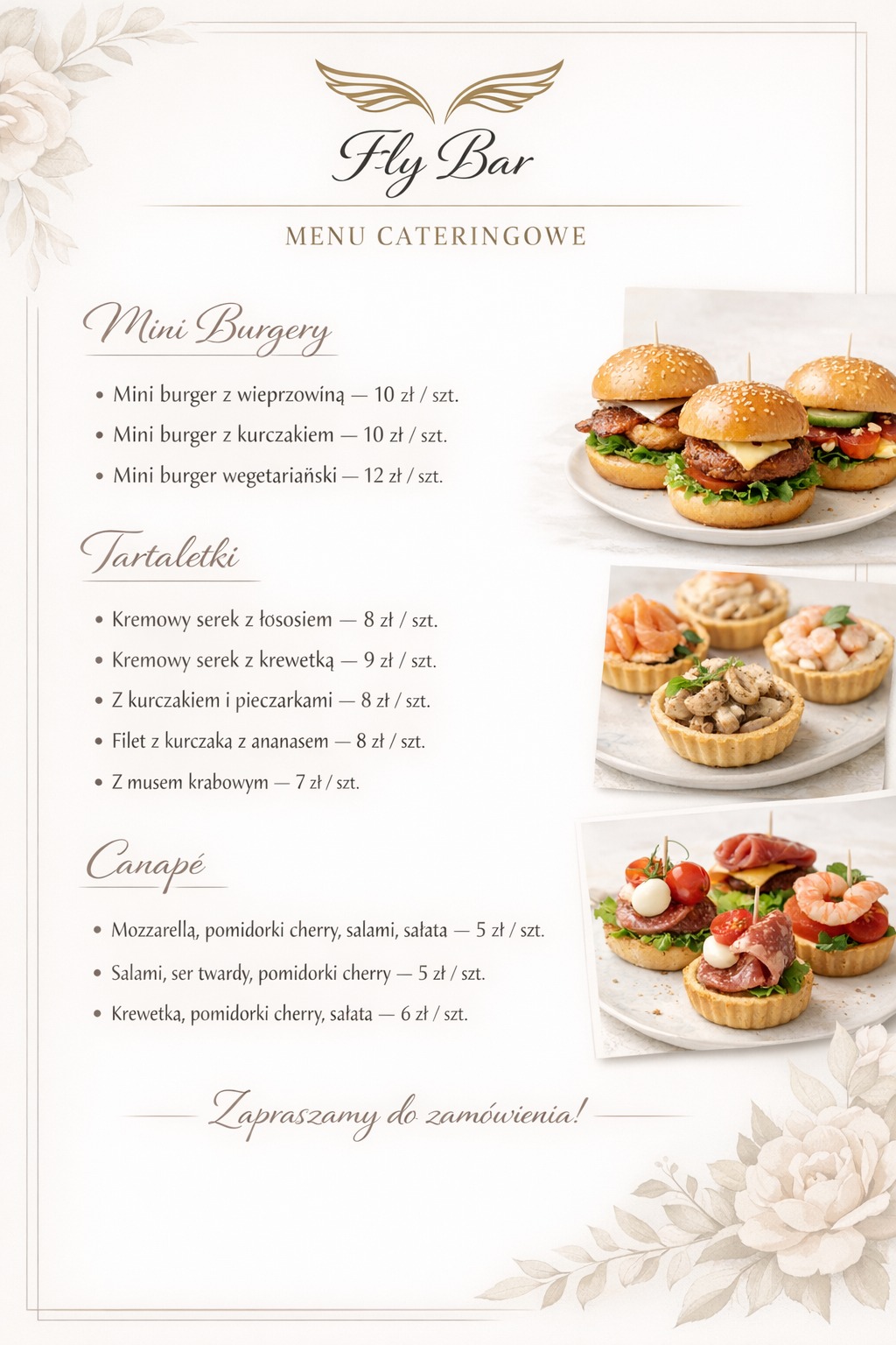 Menu cateringowe Fly Bar: mini burgery, tartaletki i canapé. Elegancki design, apetyczne przekąski. Zaproszenie do zamówienia.