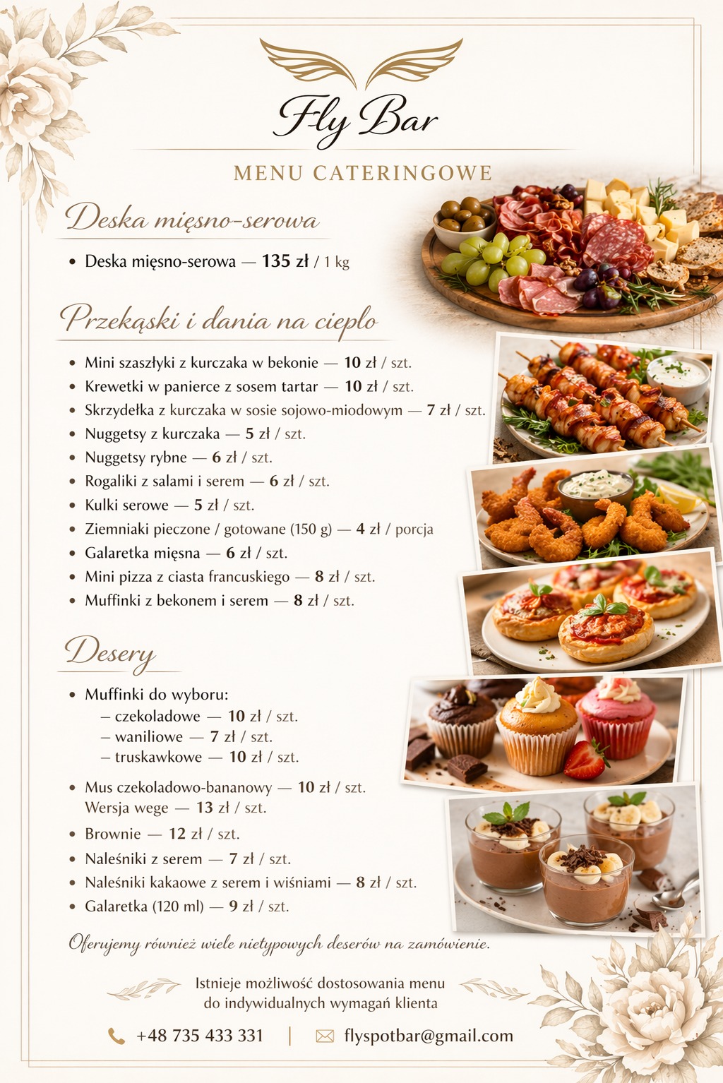 Menu cateringowe Fly Bar: deska mięsno-serowa, mini szaszłyki, krewetki, nuggetsy, rogaliki, kulki serowe, pizza, muffinki, desery. Oferta z cenami i danymi kontaktowymi.