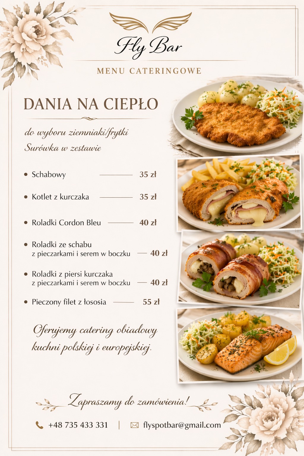 Menu cateringowe Fly Bar: dania na ciepło, schabowy, kotlet, roladki cordon bleu, roladki ze schabu, roladki z kurczaka, filet z łososia. Catering obiadowy.