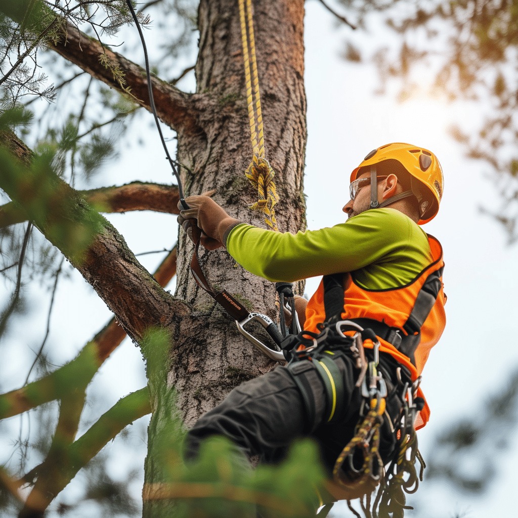 Arborysta w kasku i uprzęży, w trakcie wspinaczki na wysokie drzewo, zabezpieczony linami, przygotowuje się do wycinki gałęzi. Widok z dołu.