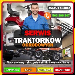 Ligra - Reklama serwisu traktorków ogrodowych z mechanikiem, numerem telefonu i hasłami: naprawa, skup, sprzedaż, transport. Traktorek wjeżdża na lawetę. Jasło i okolice.