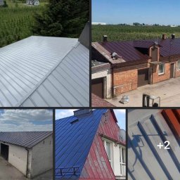 Usługi Dachowe - Kompozycja zdjęć dachów: srebrny blaszany dach, ceglany budynek z brązowym dachem, budynek z ciemnym dachem, czerwono-niebieski dach i fragment malowanego dachu.