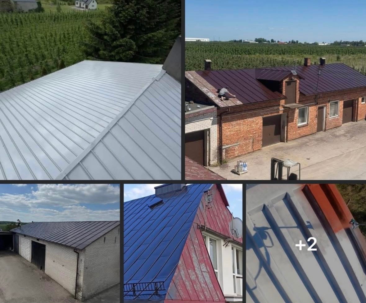 Kompozycja zdjęć dachów: srebrny blaszany dach, ceglany budynek z brązowym dachem, budynek z ciemnym dachem, czerwono-niebieski dach i fragment malowanego dachu.