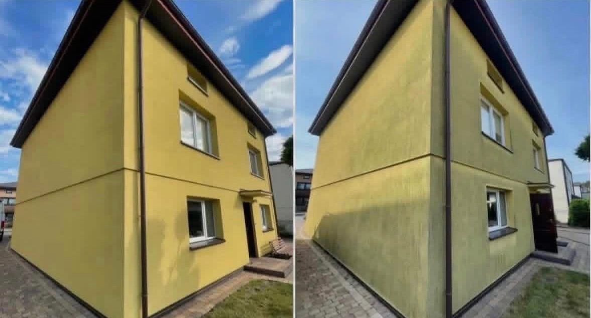 Dwa ujęcia narożnika domu z żółtą elewacją i brązowymi rynnami. Widoczne okna z białymi ramami, fragment chodnika i trawnika. Błękitne niebo z chmurami w tle.