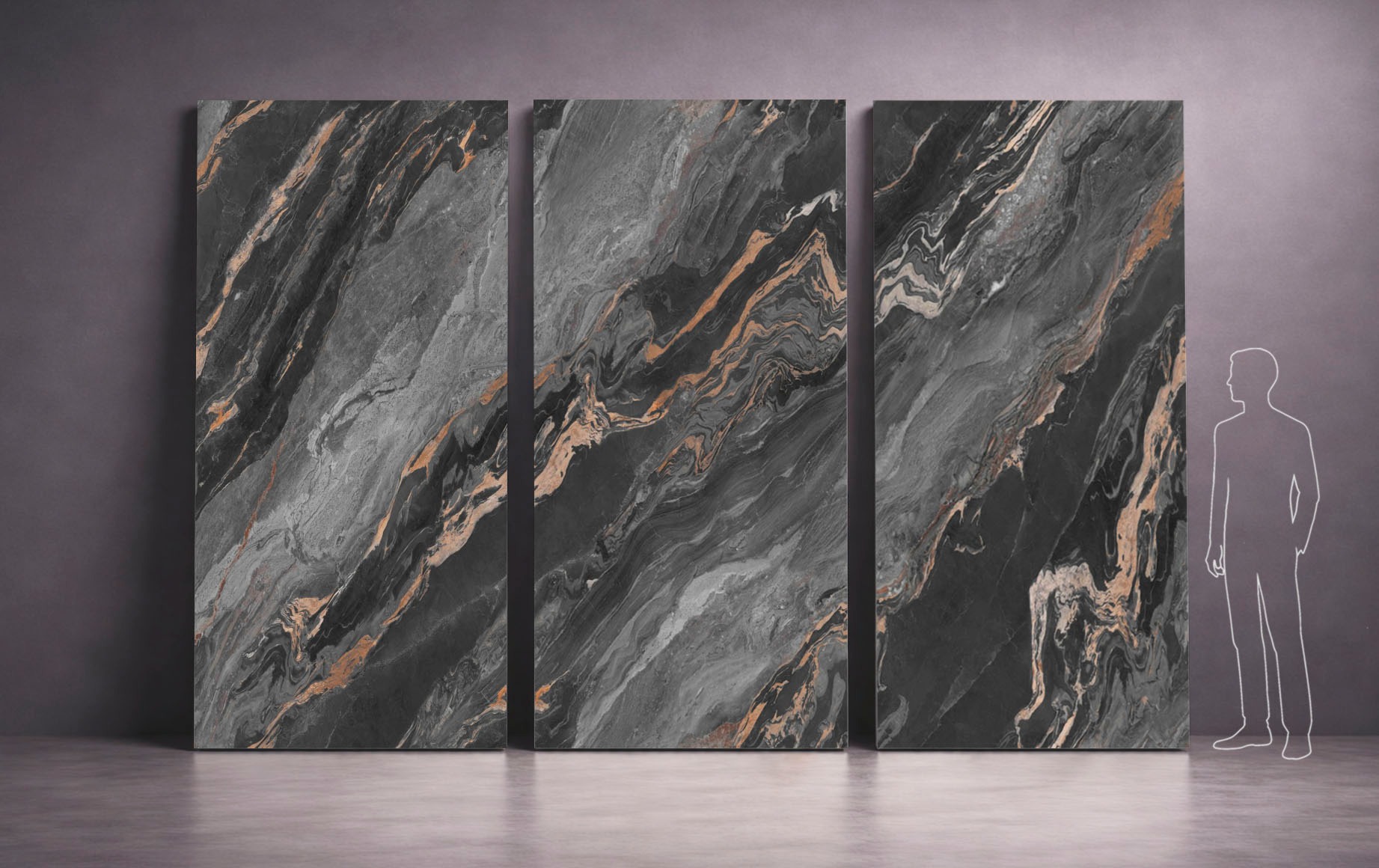 Trzy duże płyty z szarego marmuru z brązowymi żyłami, ustawione pionowo na podłodze. Obok nich sylwetka człowieka dla skali. Nowoczesny design.