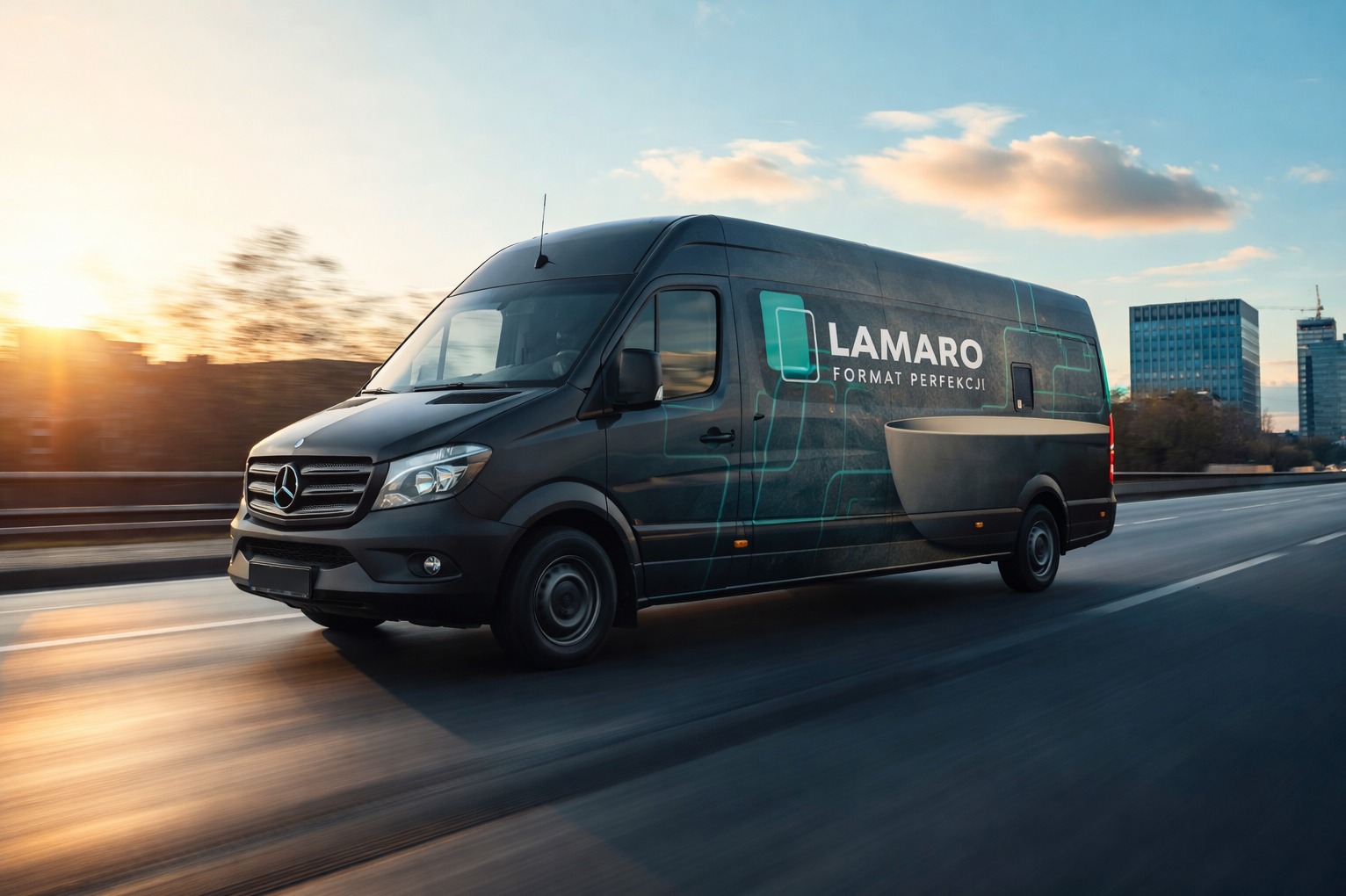 Czarny van Mercedes-Benz Sprinter z logo 'LAMARO FORMAT PERFEKCJI' w ruchu na tle miejskiego krajobrazu i zachodzącego słońca, z subtelnymi turkusowymi akcentami graficznymi.