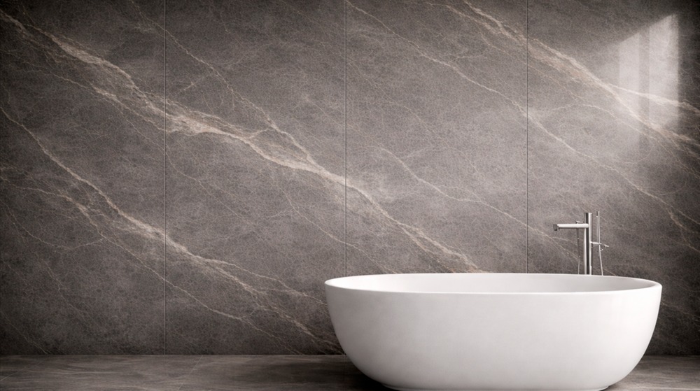 Nowoczesna łazienka z wolnostojącą białą wanną na tle ściany wyłożonej szarymi płytkami imitującymi marmur z delikatnym, jasnym żyłkowaniem i chromowaną armaturą.