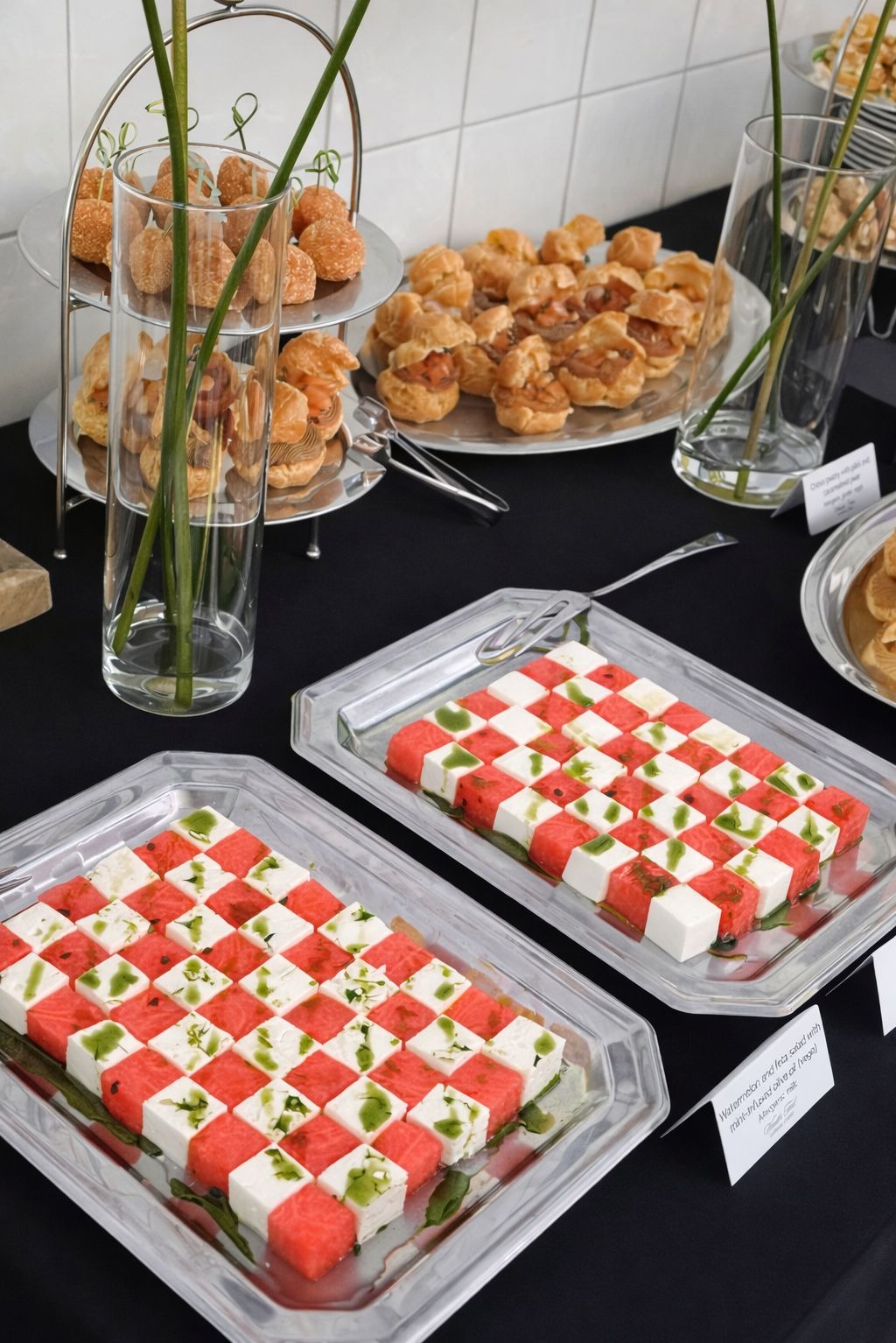 Elegancki stół cateringowy z szachownicą z arbuza i fety, kulkami serowymi i ptysiami. Srebrne tace, czarny obrus, minimalistyczne dekoracje kwiatowe.