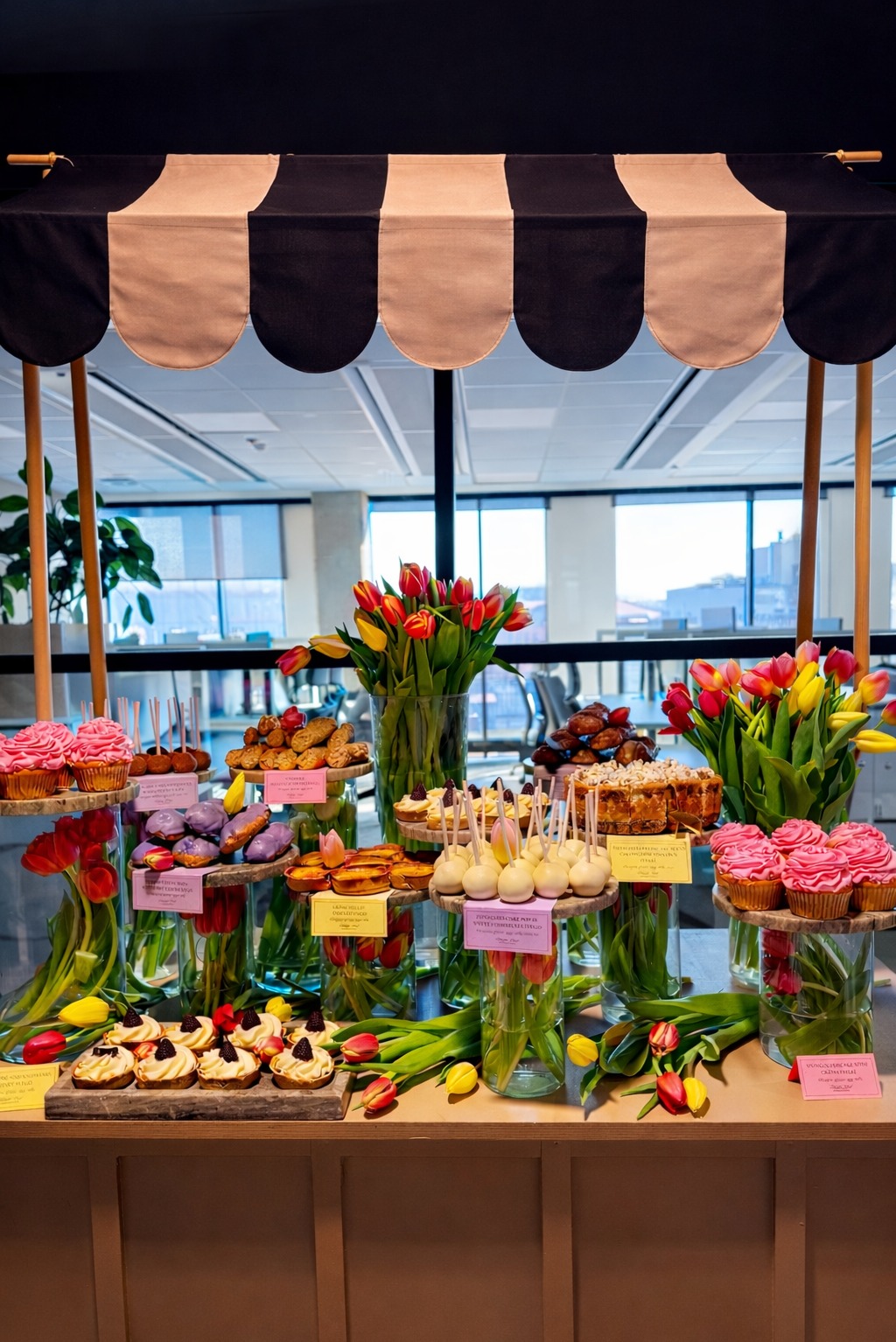 Stół z deserami pod markizą w biurze: babeczki, ciasta, cake pops i tulipany w wazonach. Słodki bufet na tle okien biurowca.