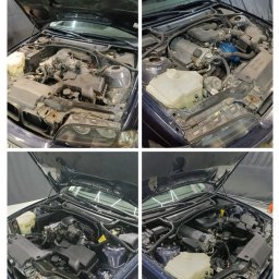 Izdebski Studio - Auto Detailing Warszawa - Komora silnika BMW E46 przed i po czyszczeniu parowym. Widoczne detale: czyste elementy plastikowe, brak zabrudzeń, niebieski kolor silnika. Efekt detailingowy.