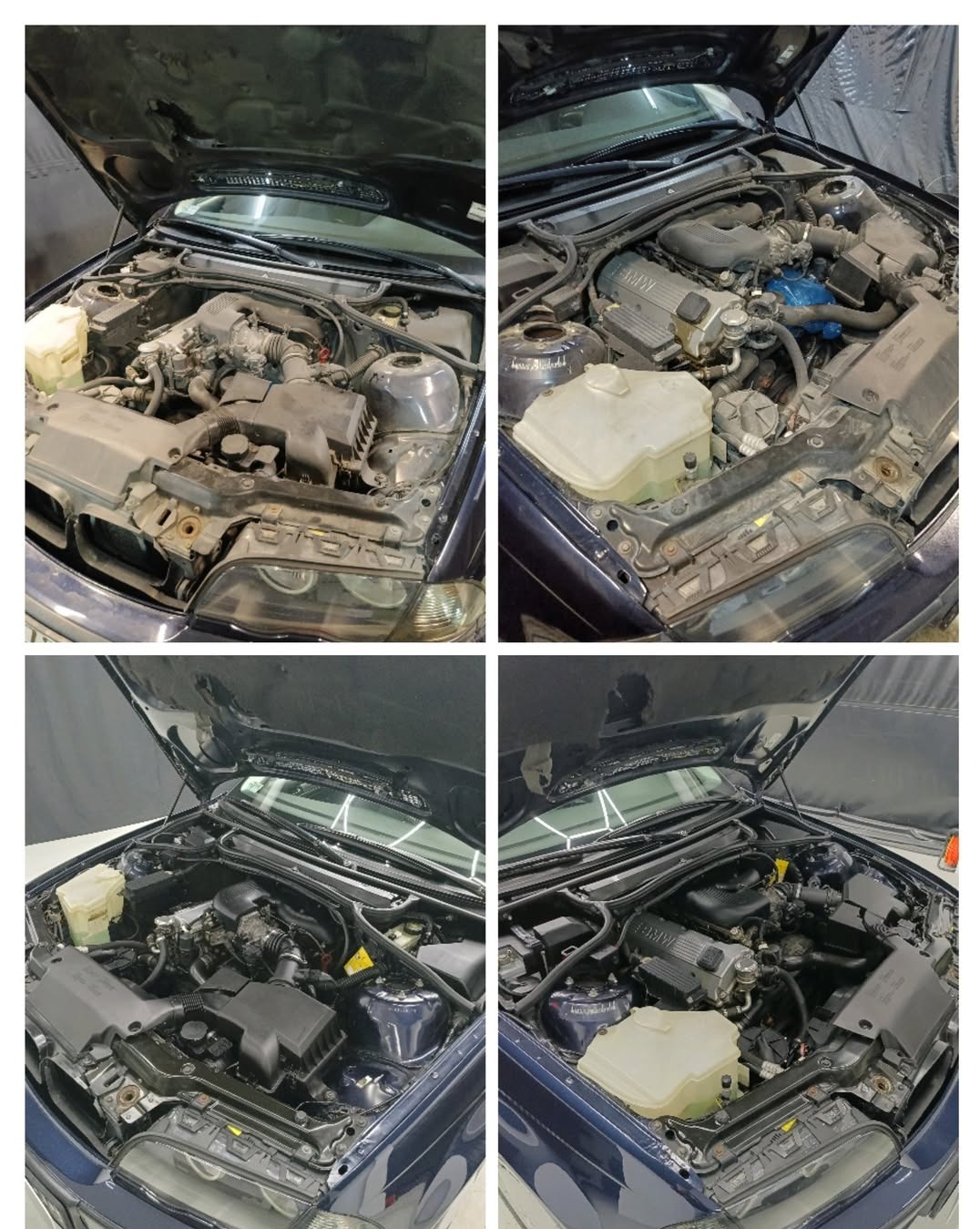 Komora silnika BMW E46 przed i po czyszczeniu parowym. Widoczne detale: czyste elementy plastikowe, brak zabrudzeń, niebieski kolor silnika. Efekt detailingowy.
