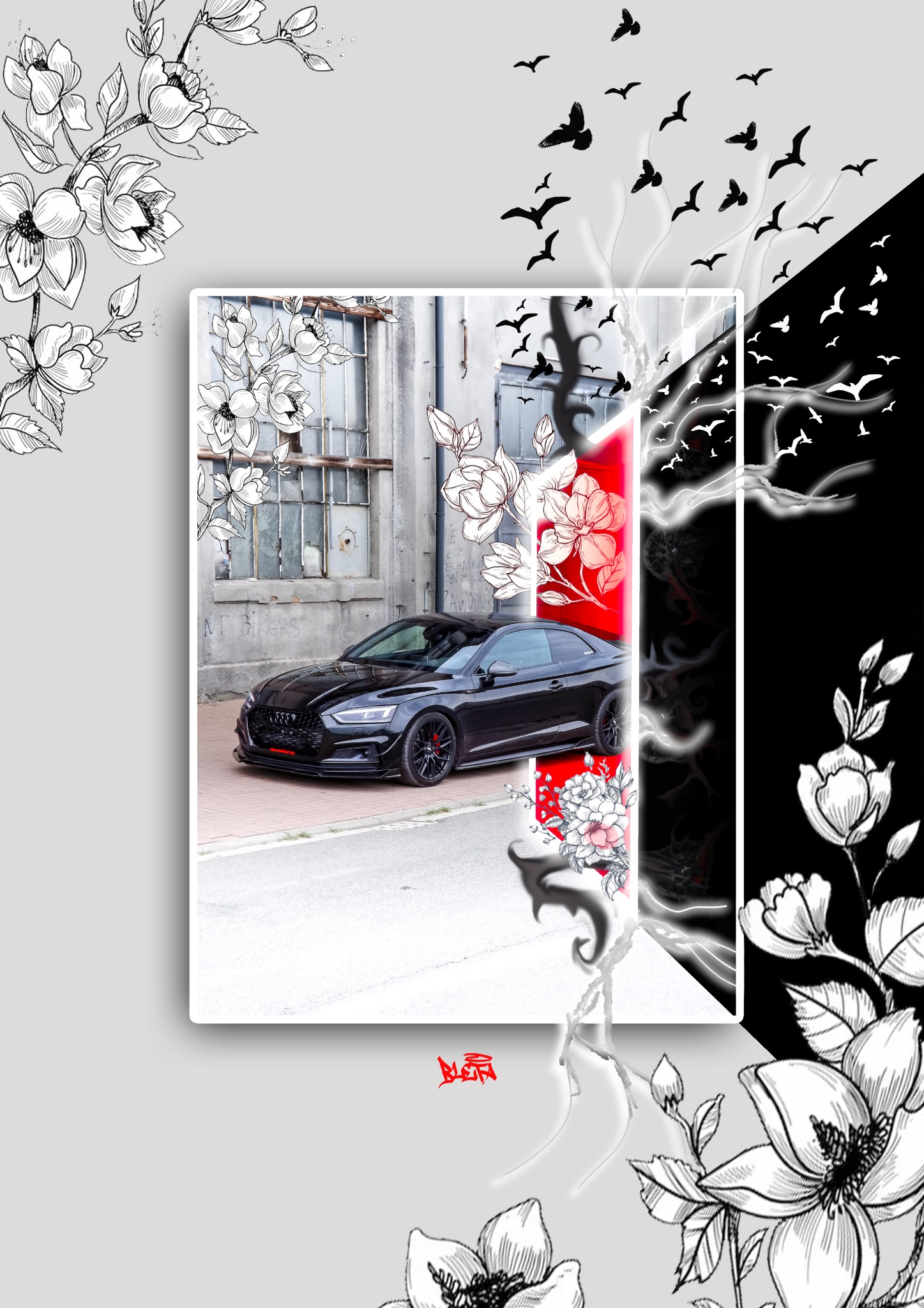 Ilustracja cyfrowa: czarne auto sportowe na tle miejskim, wkomponowane w kompozycję z kwiatów, ptaków i abstrakcyjnych elementów graficznych w czerni, bieli i czerwieni.