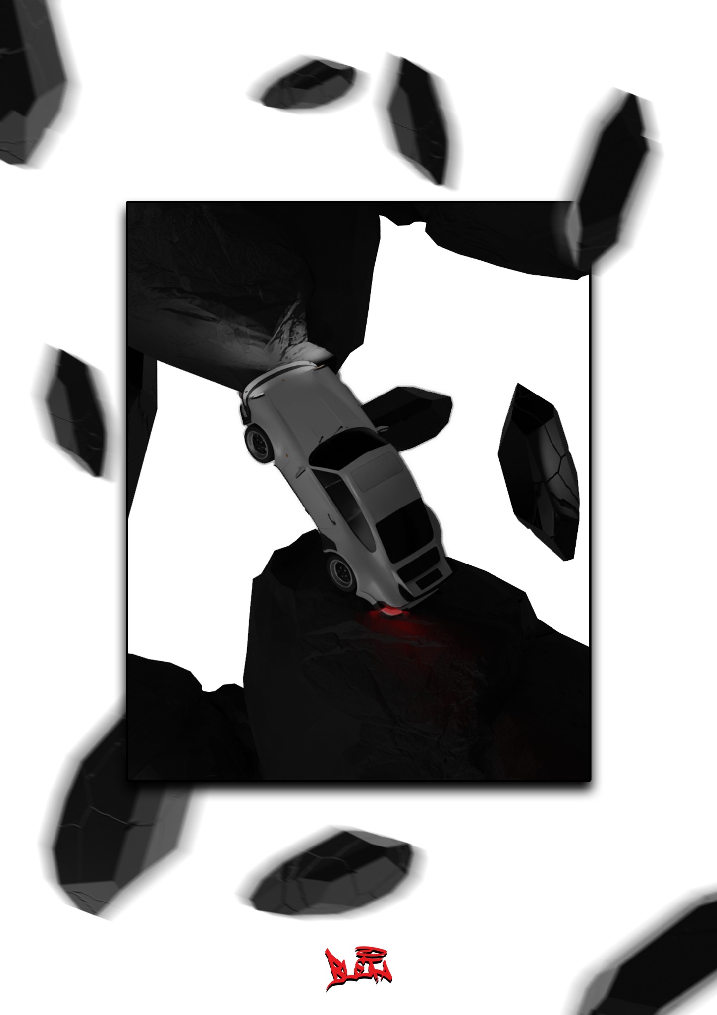 Render 3D: srebrny samochód sportowy w dynamicznej scenie z czarnymi bryłami, czerwone światła, białe tło, kwadratowa ramka, logo w rogu.