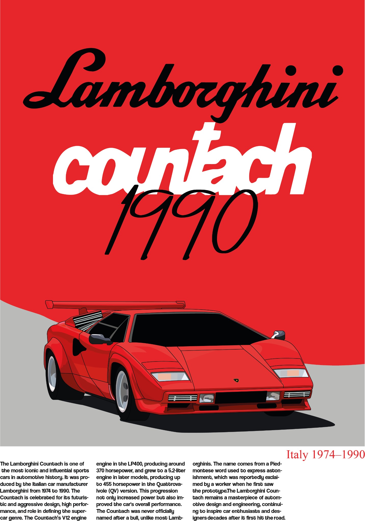 Ilustracja wektorowa czerwonego Lamborghini Countach 1990 na czerwonym tle z tekstem. Grafika w stylu retro.