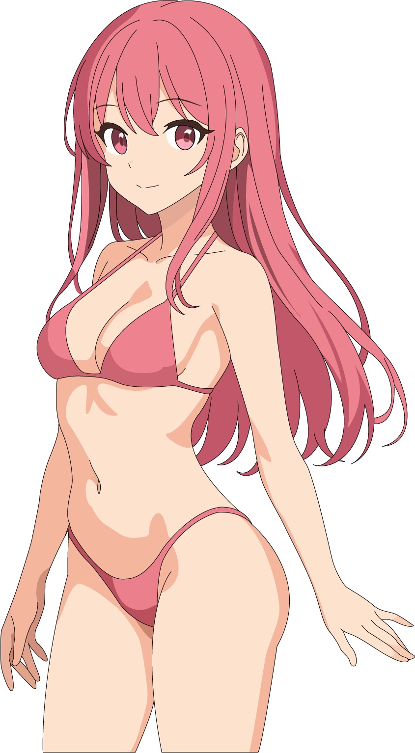 Różowowłosa postać anime w bikini, frontalne ujęcie. Ilustracja z wyraźnymi konturami i pastelową kolorystyką.