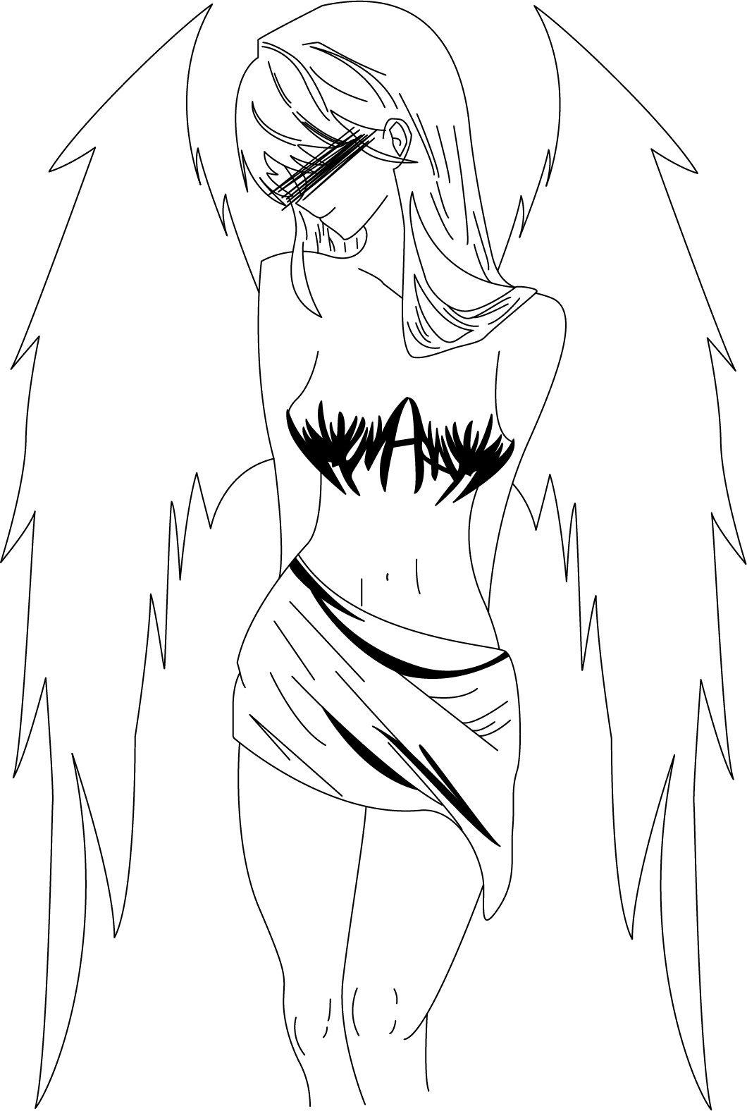 Czarno-biały rysunek przedstawia postać kobiety ze skrzydłami, zasłoniętymi oczami i wzorem na ciele. Grafika o charakterze szkicu, z wyraźnymi konturami.