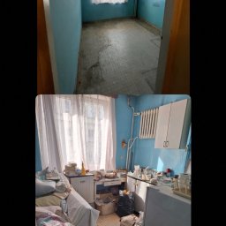 Druga Przestrzeń - Zdjęcie 'przed i po' przedstawia pokój/kuchnię. Na górze puste pomieszczenie z niebieskimi ścianami i oknem. Na dole zagracone pomieszczenie z meblami i przedmiotami.