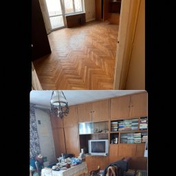 Druga Przestrzeń - Porównanie wnętrza: pokój przed i po opróżnianiu. Na górze puste pomieszczenie z parkietem, na dole zagracony pokój z meblami i przedmiotami. Widoczny parkiet w jodełkę.