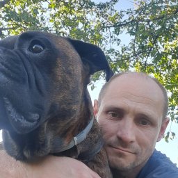 Dazet Halina Jasiołek - Mężczyzna przytula brązowego boksera na tle zielonych liści i błękitnego nieba. Pies ma obrożę. Ujęcie z dołu, delikatne światło.