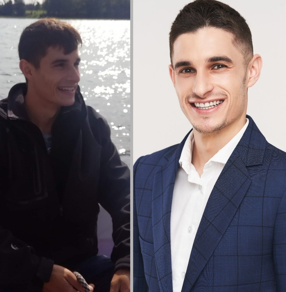 Młody uśmiechnięty mężczyzna, kolaż: po lewej na łodzi, po prawej w garniturze. Prezentacja agenta nieruchomości, budowanie zaufania, profesjonalizm i autentyczność.