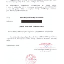 Rychlewski Group Sp. z o.o. - Akt nadania stopnia awansu zawodowego nauczyciela z pieczęciami Dolnośląskiego Kuratora Oświaty, wydany we Wrocławiu 31 grudnia 2008 roku.