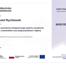 Rychlewski Group Sp. z o.o. - Certyfikat ukończenia kursu audytora wewnętrznego systemów zarządzania jakością, środowiskiem oraz bezpieczeństwem i higieną pracy, wydany przez Politechnikę Białostocką.