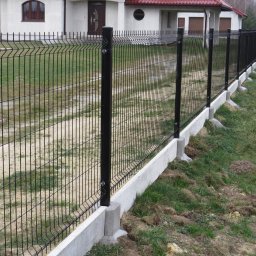 Gałązka Piotr Uslugi Sprzatajaco Ogrodnicze - Długie, czarne ogrodzenie z metalowych paneli z przetłoczeniami, osadzone na betonowej podmurówce z bloczkami, biegnące wzdłuż ścieżki obok białego domu z czerwonym dachem.