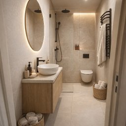 Mikołaj Ratusznik - Nowoczesna łazienka w beżowych tonacjach z owalnym lustrem z podświetleniem LED, kabiną prysznicową typu walk-in i drewnianą szafką pod umywalką.