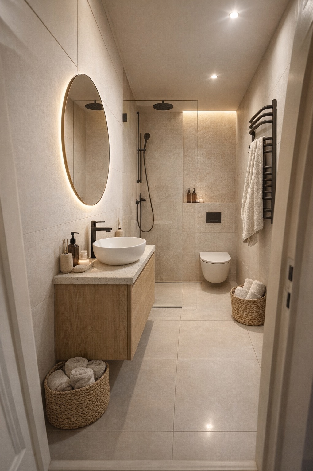 Nowoczesna łazienka w beżowych tonacjach z owalnym lustrem z podświetleniem LED, kabiną prysznicową typu walk-in i drewnianą szafką pod umywalką.