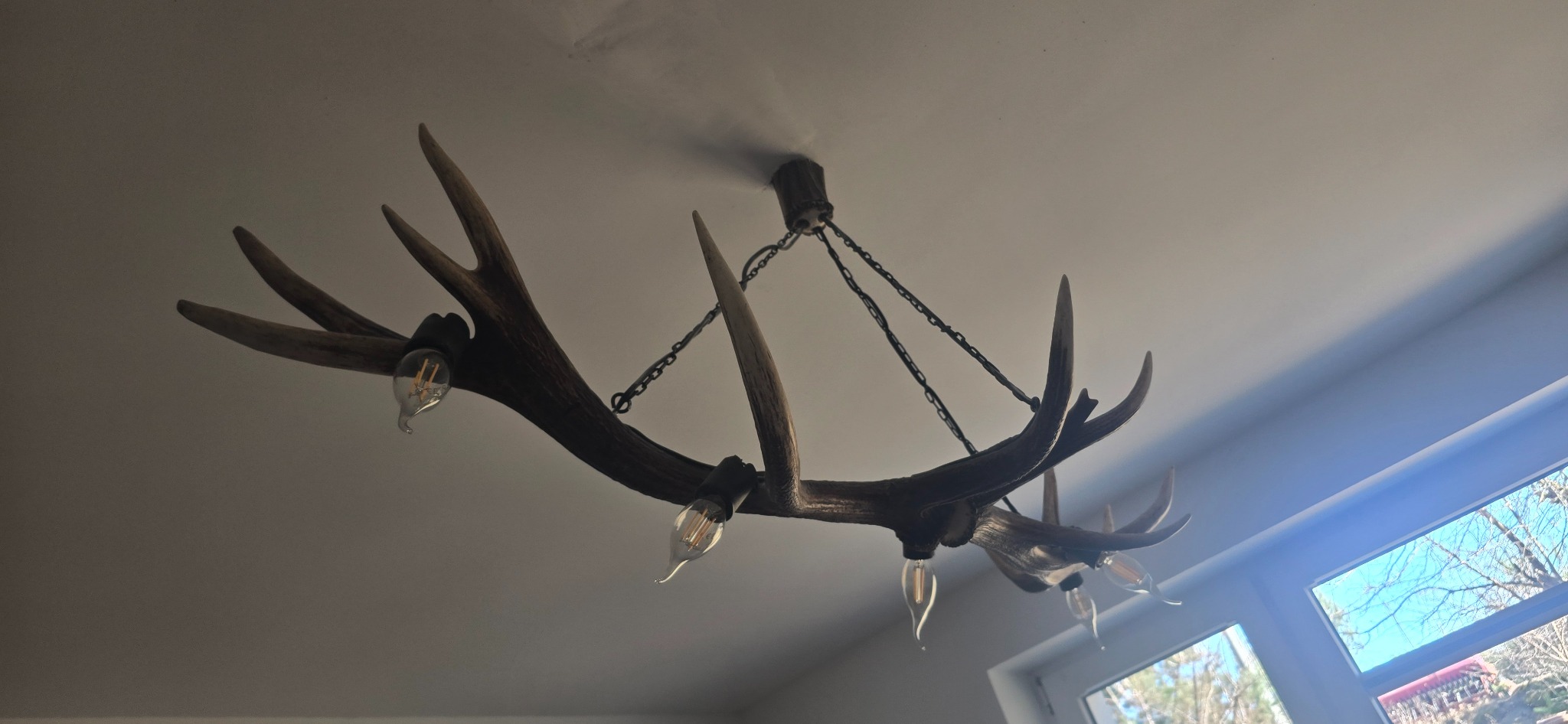 Żyrandol z poroża jelenia, zawieszony na łańcuchach, z żarówkami w stylu retro. Widok z dołu, okno w tle.